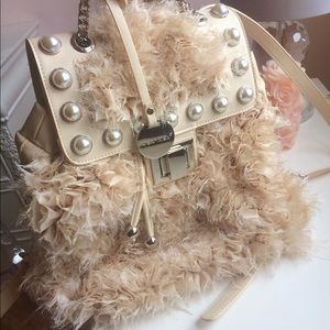 ITALIAN ALEX MAX NUDE BEIGE RUFFLE PEARL BACKPACK BAG PURSE TOTE